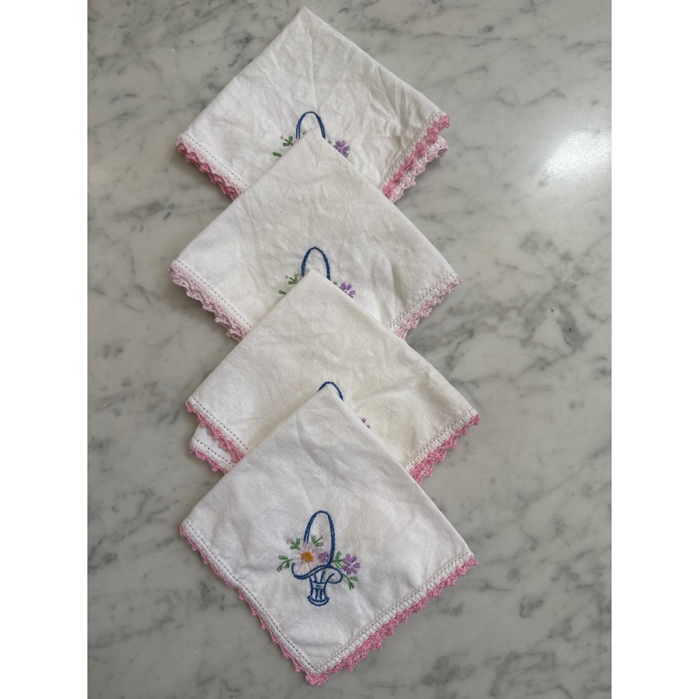 Vintage Embroidered Flower Basket Handkerchiefs Pink Crochet Lace Trim Set of 4